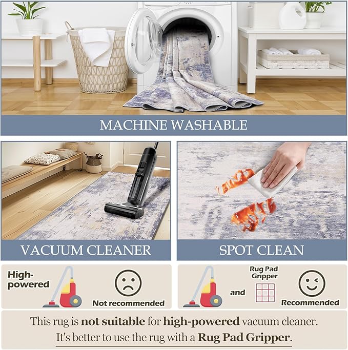 Washable Area Rugs 8'x10' Non-Slip Modern Abstract Soft for Living Room Entryway Bedroom Nursery, Print Pattern, Purple Grey Cream Yellow