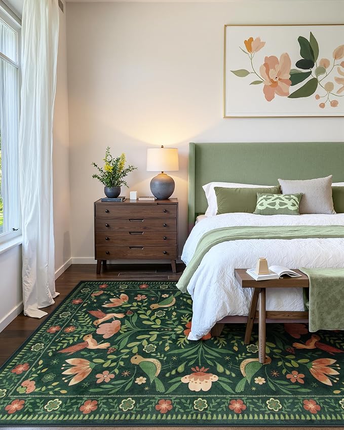 Moynesa Boho Bird 9x12 Area Rug Washable Living Room Rug, Low-Pile Green Floral Bedroom Rugs for Living Room Stain Resistance, Vintage Soft Large Rug for Kids Playroom Nursery