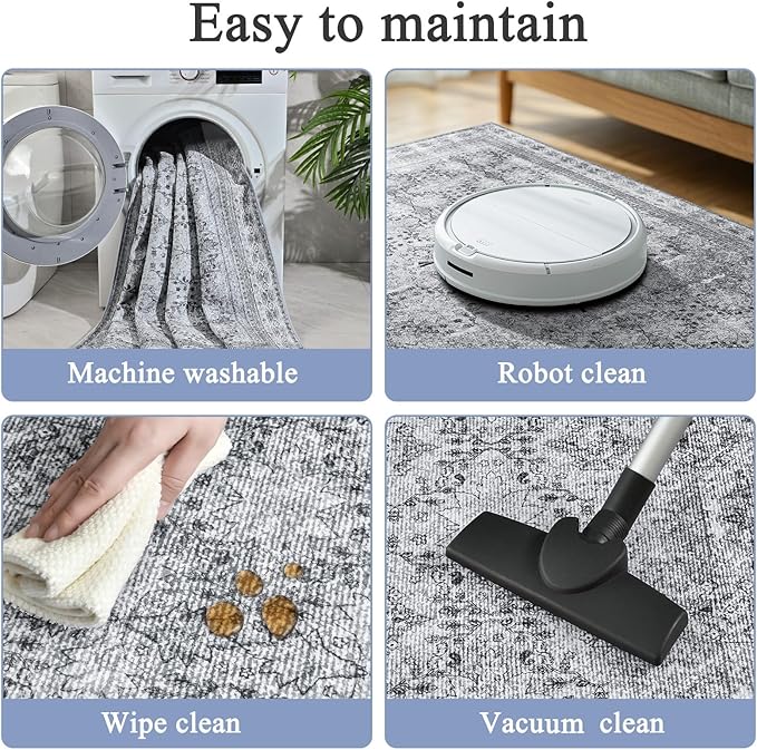 5x7 Washable Area Rug for Living Room Faded Grey, Non Slip Vintage Floral Bedroom Rugs Retro, Traditional Indoor Floor Carpet for Dining Room, Kitchen, Farmhouse, Office Classroom