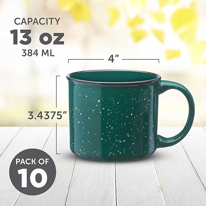 DISCOUNT PROMOS Ceramic Campfire Coffee Mugs 13 oz. Set of 10, Bulk Pack - Perfect for Tea, Espresso, Cappuccino, Hot Cocoa - Green