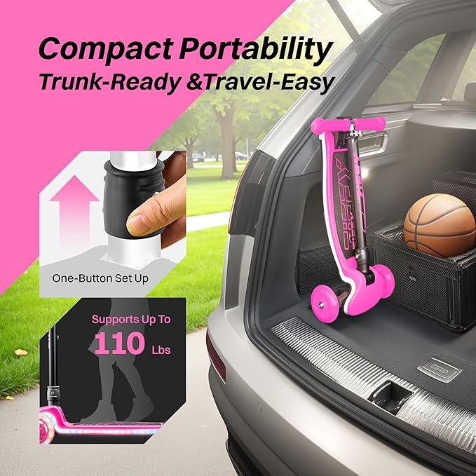 ZIFFY 3-Wheel Light-Up Kids Scooter, Kids Balance Scooter for Boys Girls with 20 Dynamic LED Lights, 4 Adjustable Height, Lean-to-Steer Design with Anti-Slip Wide Surface for Stability - Up to 110LBS