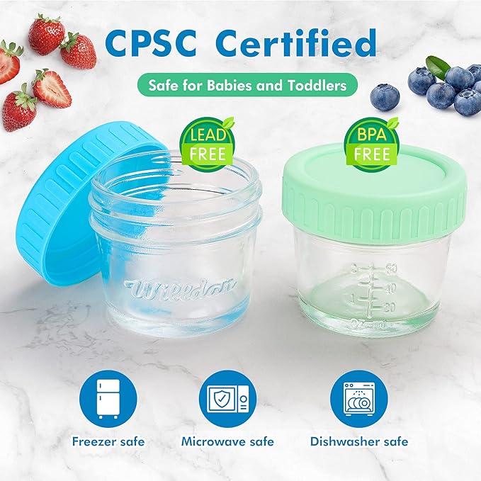 WILLDAN Glass Baby Food Storage Jars w/Lids (4 oz, 12 Pack Set) Snack, Puree, Reusable Small Containers, Breast Milk, Fridge or Freezer, Microwave & Dishwasher Safe, Essential Must Have for Infants