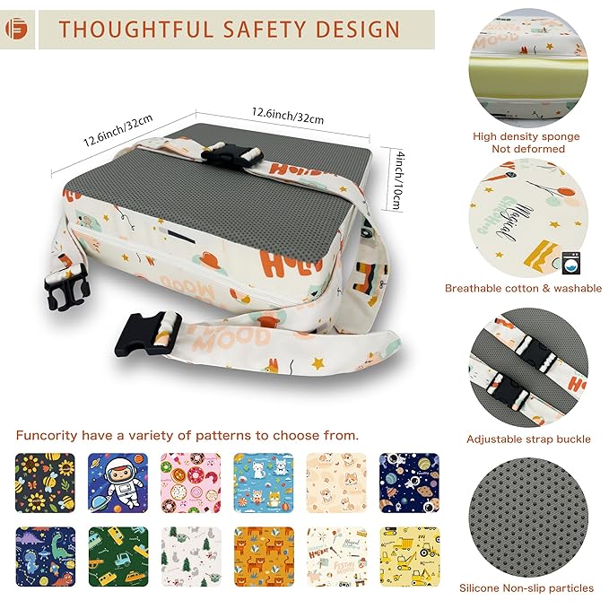 Toddler Booster Seat for Dining Table, Portable Booster Seat for Kitchen Chair, 4 Inch High-Density Foam Cushion with Adjustable Safety Straps and Non-Slip Bottom, Perfect for Kids Travel and Daily