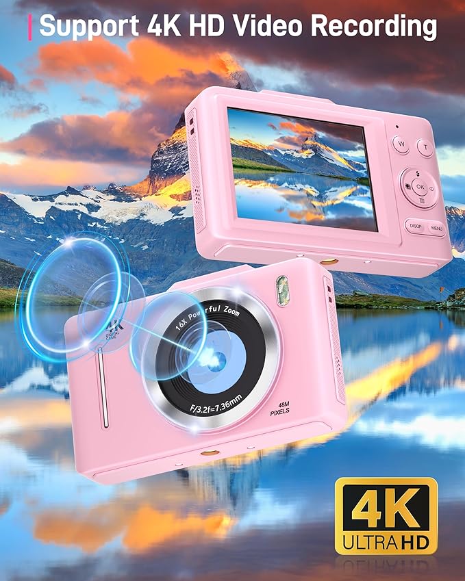 Digital Camera, FHD 1080P Kids Camera Digital with 16x Zoom Anti Shake, 32GB Card, 4K 48MP Portable Compact Point and Shoot Cameras, Vintage Small Camera for Teens Beginner Kids Present