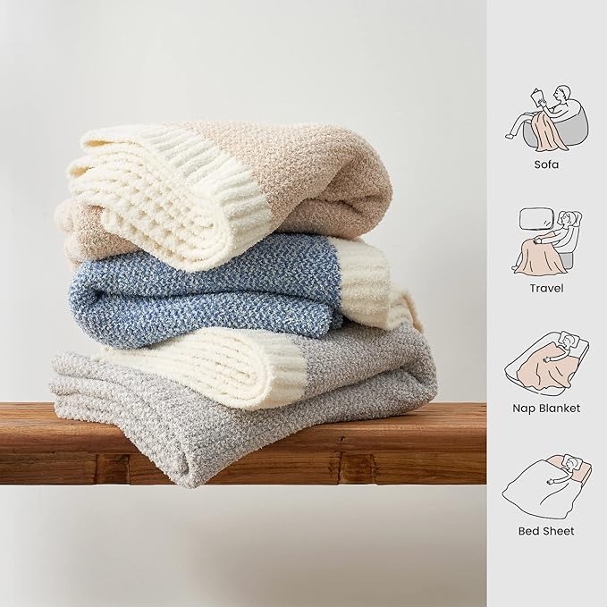 Snuggle Sac Heather Beige Throw Blankets Luxurious Microfiber Fabric, Reversible Super Soft Throws Warm Cozy Knit Fuzzy Plush Throw Blanket for Couch, Bed, Sofa, Camping, Beige,50x60 inches
