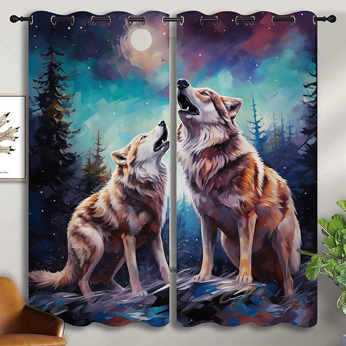 Wildlife Blackout Curtains for Boys Girl Bedroom Decor,Fantasy Starry Full Moon Wolf Howling Thermal Insulated Grommet Drapes Darkening Window Curtain for Living Room Home 55x63 inch