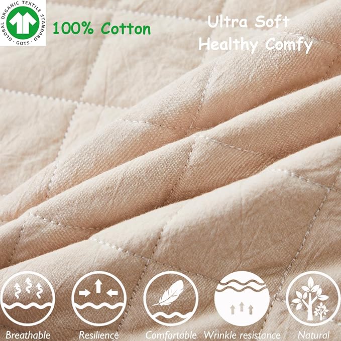 Brandream 3 Pieces Crib Bedding Set for Girls or Boys Quilt,Crib Sheet,Dust Ruffle Skirt, 100% Washed Cotton Like Linen Supersoft Farmhouse Chic Boho Beige Classic Quilted Plaid Design