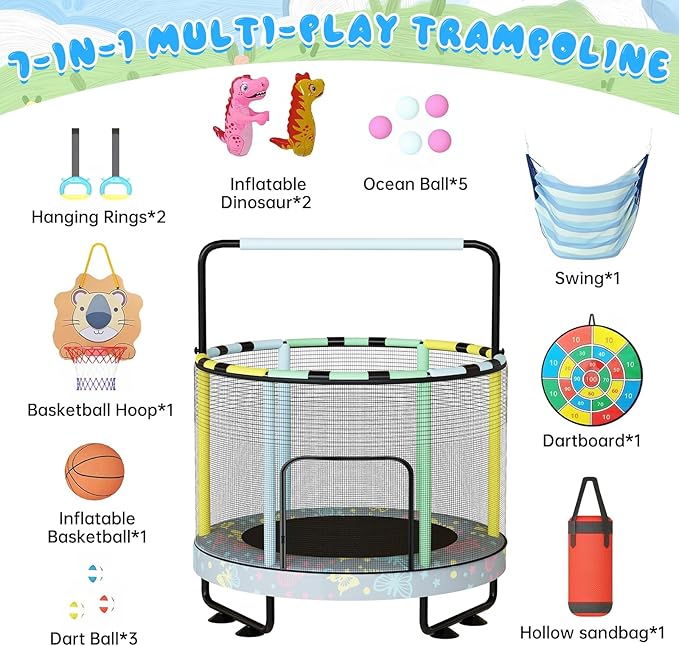 LAMERGE 55" 7-in-1 Round Trampoline for Kids Boys & Girls Ages 1-8, Indoor & Outdoor Trampoline for Fun, Adjustable Height Handrail ＆ Enclosed Safety Net ＆ Durable Designs for Toddlers Children