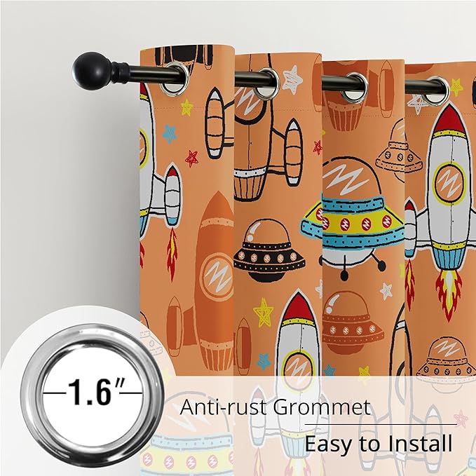 Kids Space UFO Rocket Blackout Curtains - 100% Blackout, Thermal Insulated, Noise Reducing, Perfect for Kids Room and Nursery, 2 Panels (Sunny Space Parade, W52×L84)
