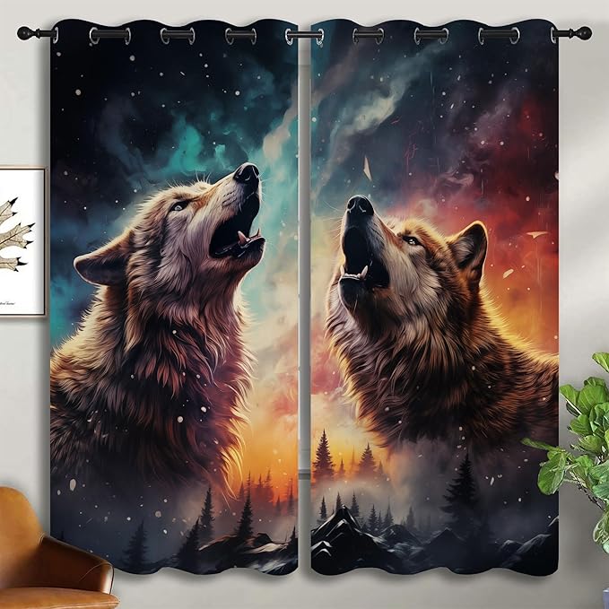 Fantasy Wolf Blackout Curtains for Boys Girl Bedroom Decor,Colorful Galaxy Misty Forest Wildlife Thermal Insulated Grommet Drapes Darkening Window Curtain for Living Room Home 72x63 inch