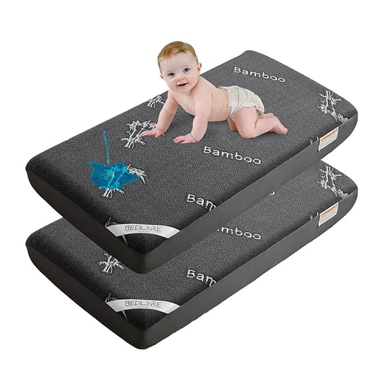 BEDLORE Waterproof Crib Mattress Protector 2 Pack, Ultra Soft Bamboo Viscose Crib Mattress Pad Cover, Noiseless Toddler Mattress Protector for Standard Baby Mattress Size 52''x28'', Dark Gray