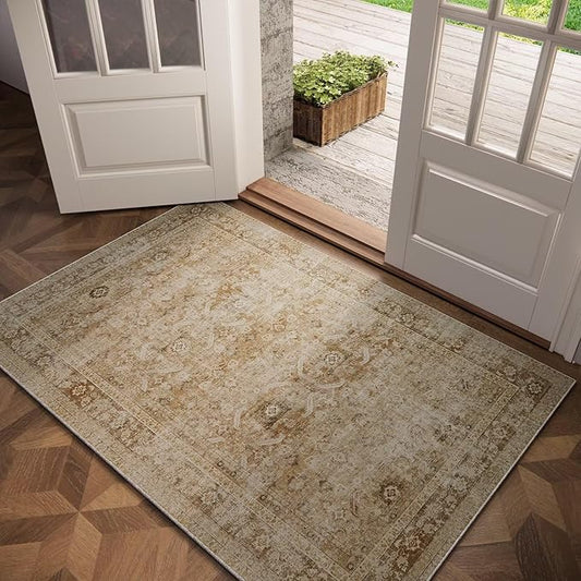 Washable 3x5 Entryway Rug Indoor, Boho Non-Slip Silicone Backing Small Rugs for Kitchen Nursery Office Bedroom, 0.3" Neutral Oriental Throw Carpet with 0.16" Cushioning Pad, Brown/Multi