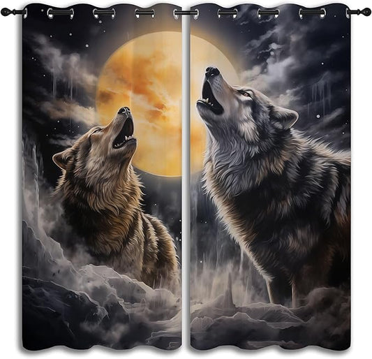 Fantasy Wolf Blackout Curtains for Boys Girl Bedroom Decor,Full Moon Starry Sky Wildlife Retro Thermal Insulated Grommet Drapes Darkening Window Curtain for Living Room Home 42x45 inch