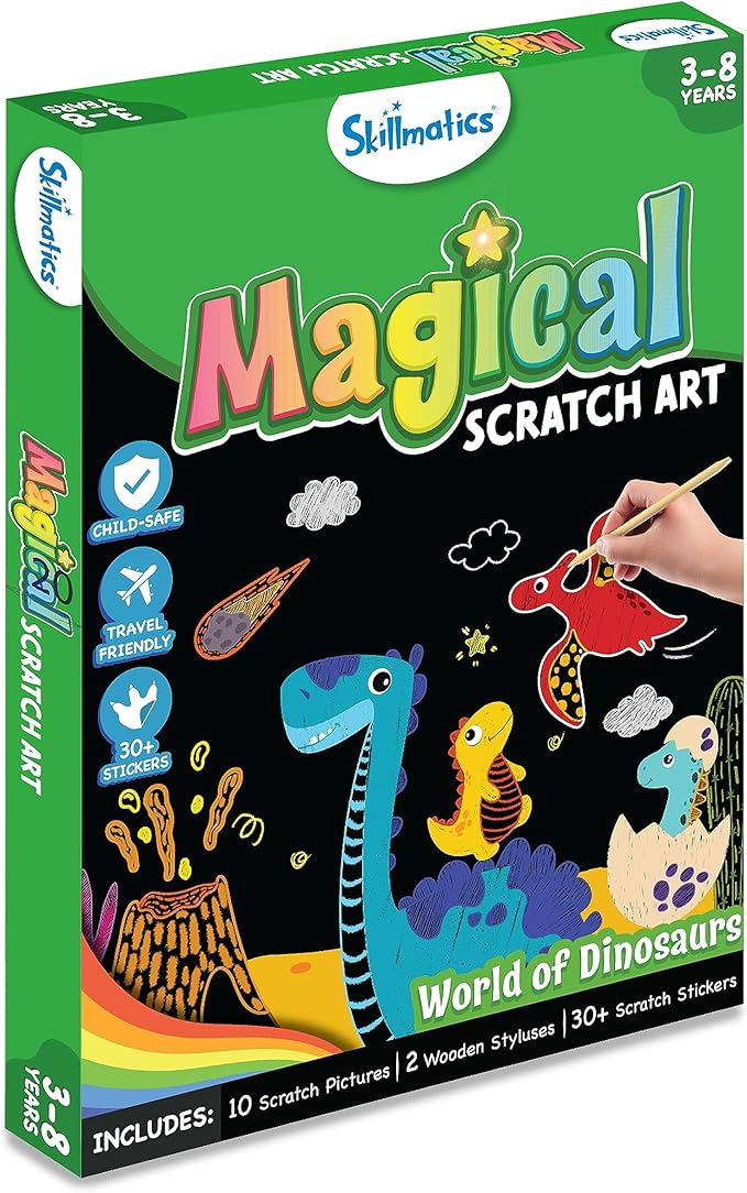 Skillmatics Scratch Art Book for Kids - Dinosaurs, Craft Kits & Supplies, 30+ Scratch Stickers, Travel Toys, DIY Kit, Gifts for Boys & Girls Ages 3, 4, 5, 6, 7, 8