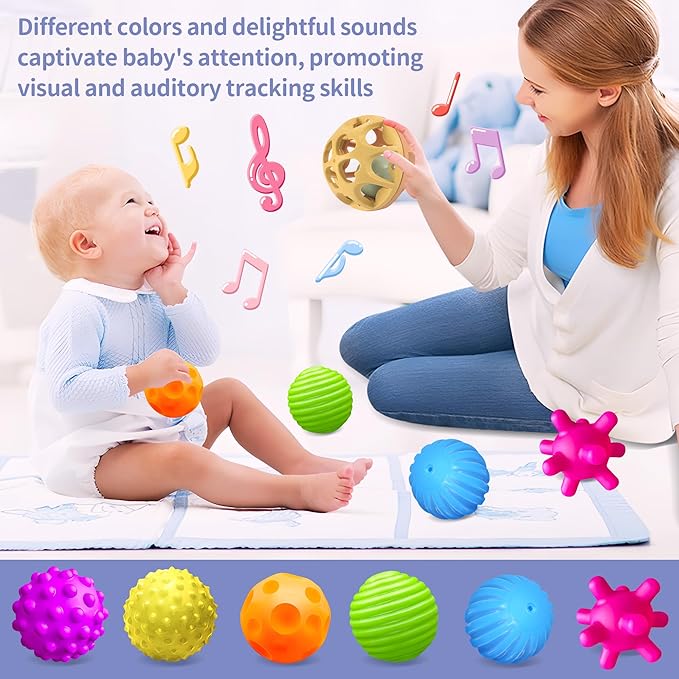 Montessori Toys Sensory Balls for Babies, Colorful Textured Sensory Toys for Babies 1-3, Hand Catching Baby Balls, Wheat Straw Baby Rattle Baby Toys Newborn Gifts for 6-12 Months