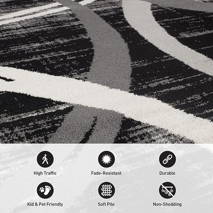 Rugshop Modern Wavy Circles Design Area Rug 6'6" x 9' Black