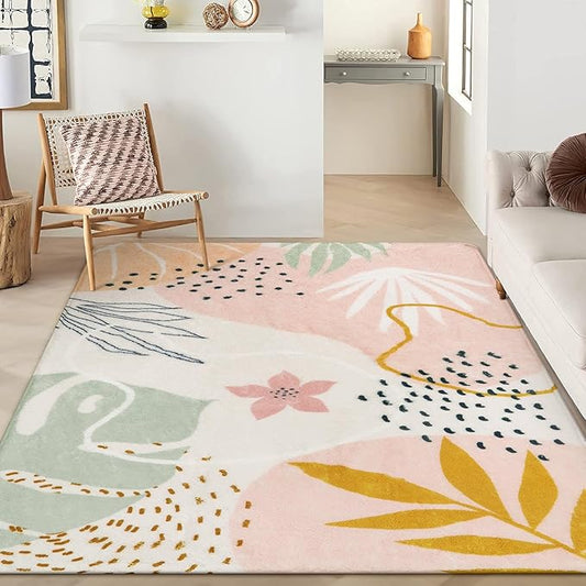 Lahome Washable Pink Area Rugs 9x12 Living Room Carpet Non-Slip Backing Ultra-Thin Extra Large Rug Lightweight Throw Non Shedding Dining Room Rug，Boho Botanical Print Rug for Bedroom Guest Room Home