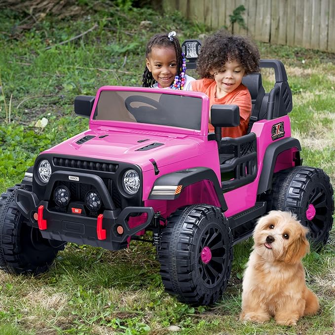 2 Seater Ride on Car Truck, 12V Kids Electric Ride on Toy for Big Kids Age 3-8 w/Remote Control- Hot Pink