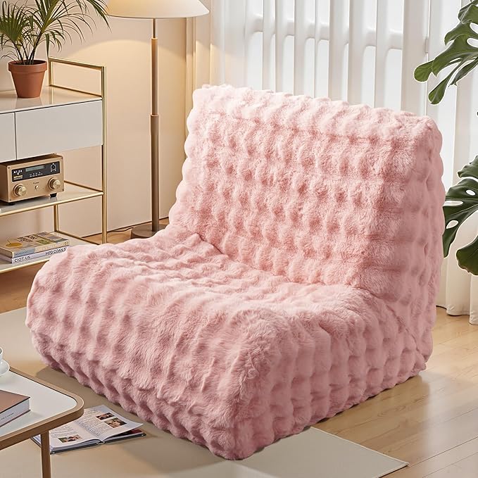 Modern Bean Bag Chair, Large Bean Bag Couch for Adults with Memory Foam Filled, Soft Faux Bunny Fur Lazy Chair for Living Room Bedroom Dorm Apartment, No Assembly Required, Pink
