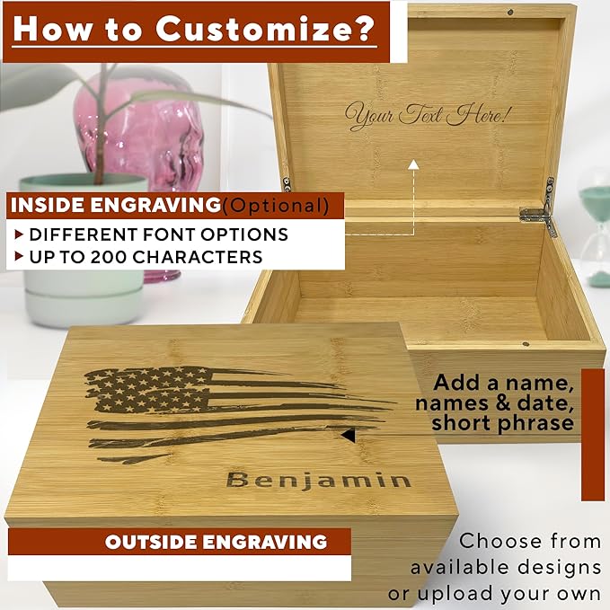 Personalized American Flag Gift Box - Engraved Memory Box, 5 Year Anniversary Wedding Gift for Men, Boyfriend, Bamboo Wood Decorative Chest, Keepsake Boxes with Custom Hidden Message, 11x8x4.75 in