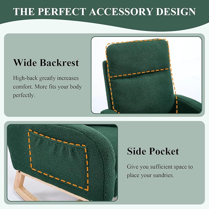 NIOIIKIT Oversized Nursery Rocking Chair, Teddy Upholstered Glider Chair with Footrest, Large Glider Rocker with Side Pocket, Rocking Accent Chair, Glider Recliner for Living Room (Green Teddy)