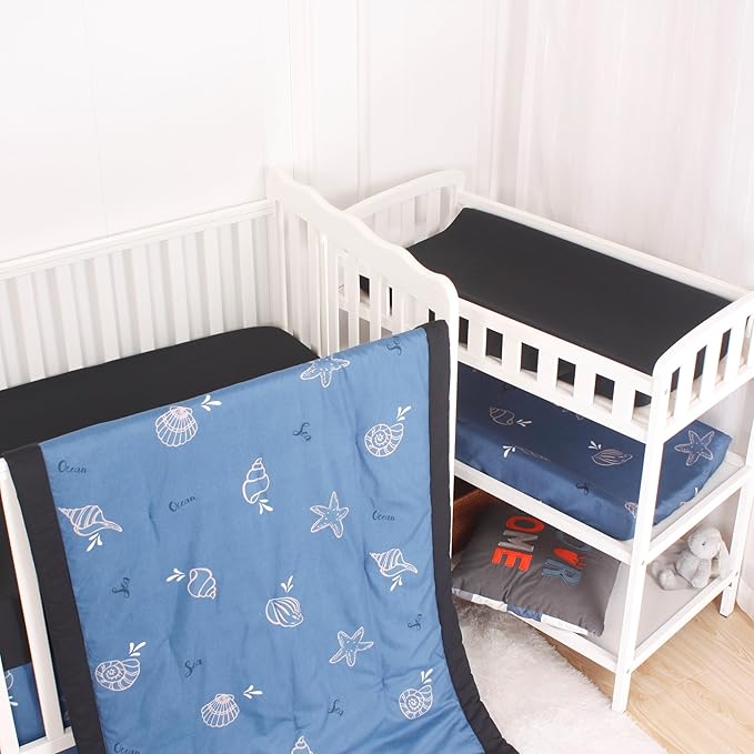 CaSaJa 4-Piece Crib Bedding Set for Boys and Girls, Nursery Baby Bedding Set Including Quilted Comforter with Fitted Crib Sheet and Changing Pad Covers, Reversible Quilt Design, Sea Conch