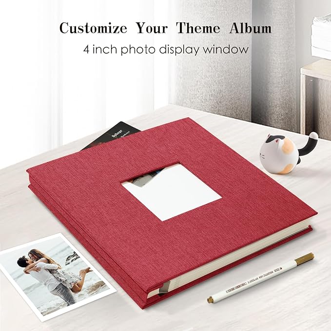 Spbapr Large Photo Album Self Adhesive 4x6 5x7 8x10 10x12 Pictures Magnetic Scrapbook 40 Blank Pages Linen Cover DIY Album with A Metal Pen Red