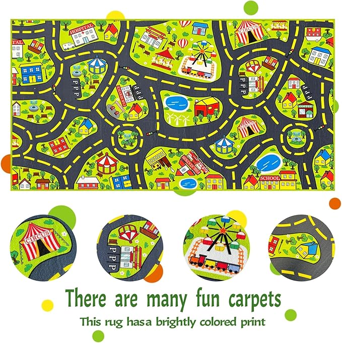 Car Rug 2.6x5 Feet, Car Mat for Kids Race Track Rug Road Play Mat with Roads City Map Design