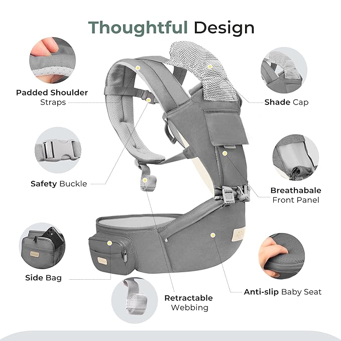 FRUITEAM 6-in-1 Baby Carrier with Waist Stool/Hip Seat for Breastfeeding, One Size Fits All - Adapt to Newborn, Infant & Toddler (Greyish)