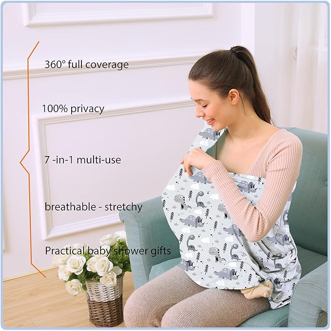 Car Seat Covers for Babies - Multi- use Nursing Carseat Canopy, Breastfeeding Covers, Baby Shower Gifts for Boys and Girls (Grey Dinosaur)