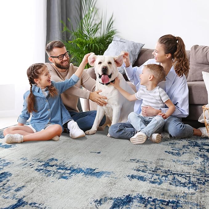 9x12 Area Rugs for Living Room Rug Washable: Modern Large Rug for Dining Room Bedroom Carpet Non Slip 9 by 12 Indoor Abstract Nursery Home Office Blue White