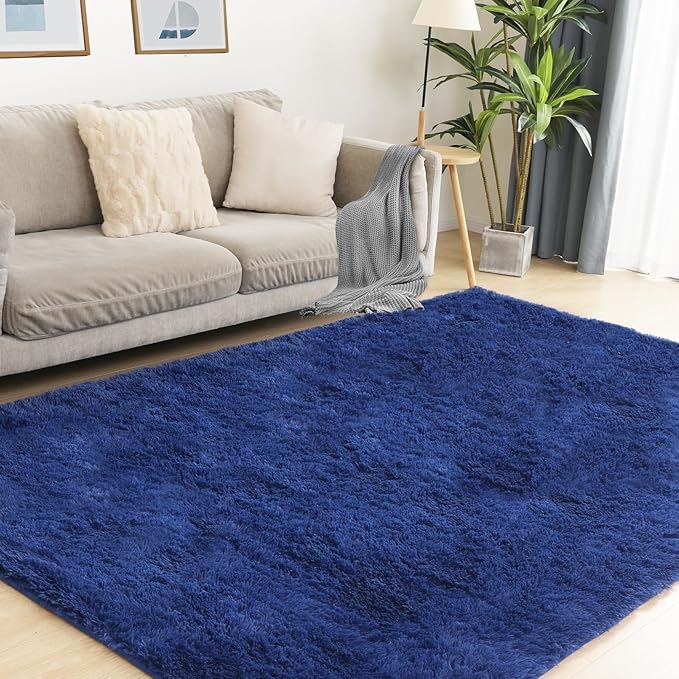Soft 8x10 Blue Rug, Fluffy Area Rugs for Living Room, Plush Navy Area Rugs for Bedroom, Non-Slip Indoor Carpet for Nursery, Study Room, Kids Room, Room Decor