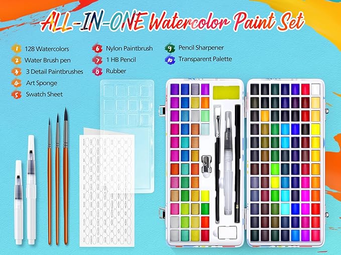 Caliart Watercolor Paint Set, 128 Colors with 4 Brushes Metallic Color Palette Kit, Portable Travel Watercolors Painting Gifts for Adults Kids Teen Girls Boys Art Supplies