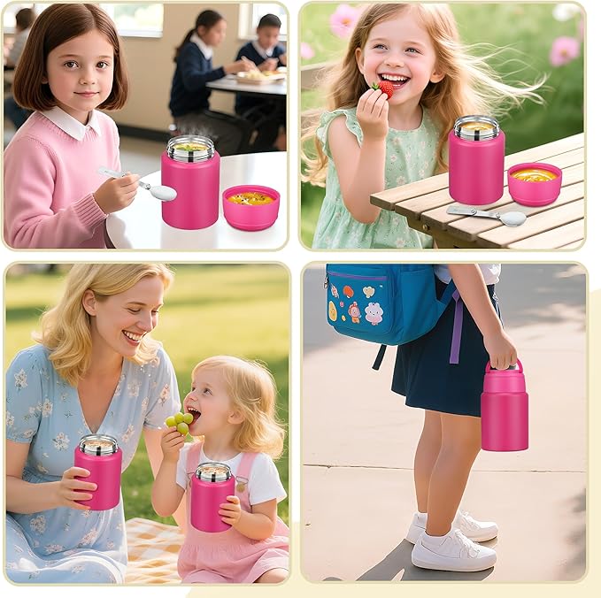 Soup Thermo for Hot Food Kids 16oz Insulated Food Jar Leakproof Thermo Lunch Container for Kids Wide-Mouth Stainless Steel Lunch Box for School with Handle Folding Spoon(3+)