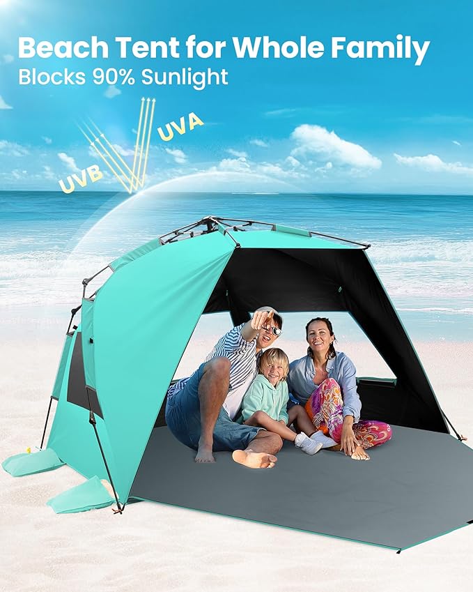 OutdoorMaster Beach Tent with Blackout Shelter Technology, Portable Beach Shade Sun Shelter Canopy for 4-6 Person with UPF 50+ UV Protection, Easy Setup Pop Up Tent Family Size