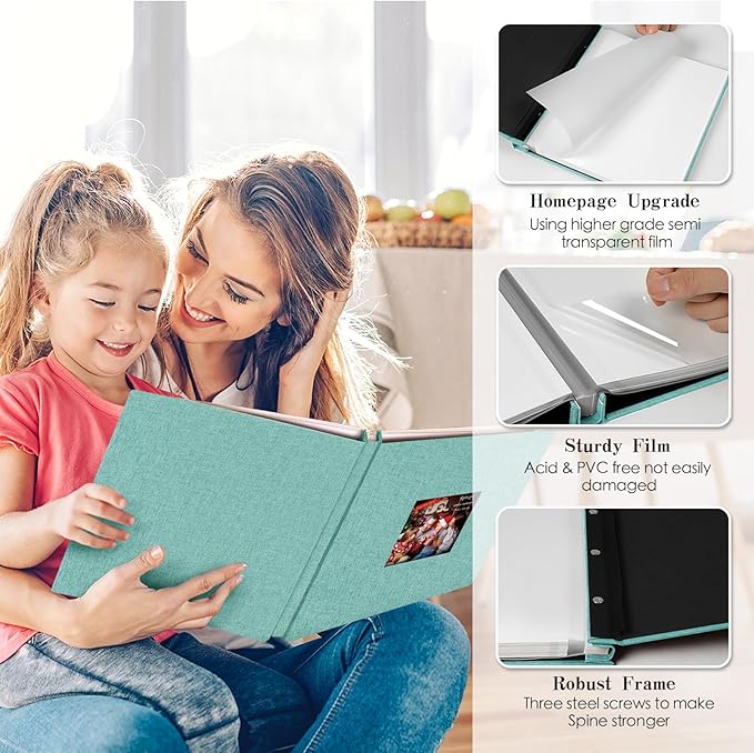 Spbapr Large Photo Album Self Adhesive 3x5 4x6 5x7 8x10 Pictures Magnetic Scrapbook 40 Blank Pages Linen Cover DIY Album with A Metal Pen Turquoise