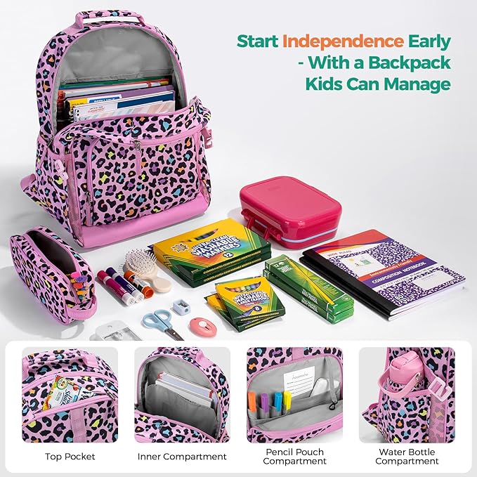 Choco Mocha Cheetah Backpack for Girls, Elementary School Backpack for Girls Ages 6-8 Kids Kindergarten Backpack Bookbag 17 Inch with Chest Strap, Pink Purple