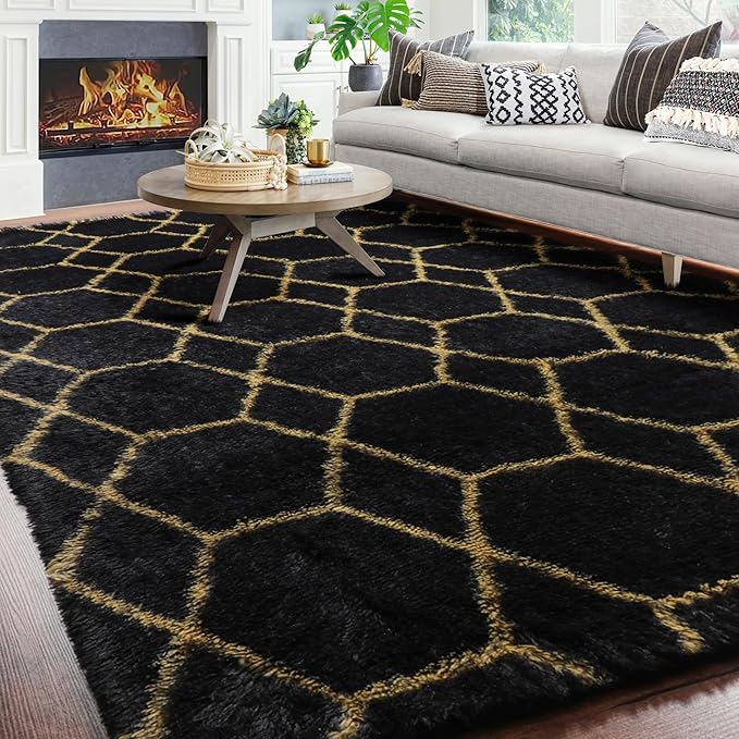 ONASAR 7x9 Area Rugs for Living Room Bedroom, Washable Large Boho Fluffy Black and Gold Throw Rug, Geometric Soft Plush Shaggy Floor Carpet for Nursery Kids Girls Boys Teen Dorm Home Decor Aesthetic