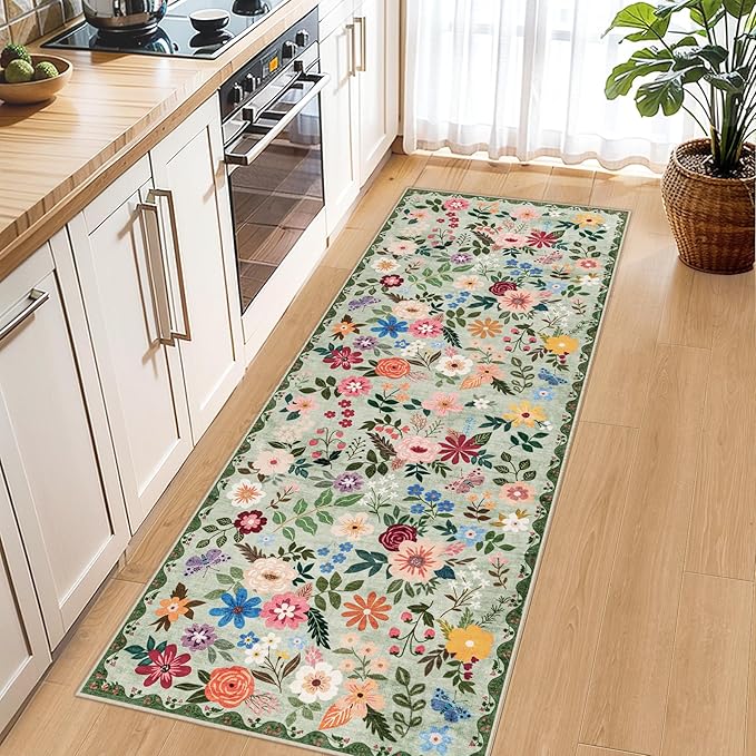 Runner Rug for Entryway: 2x6 Kitchen Rugs Non Slip Washable Ultra-Thin Soft Floral Carpet Indoor Floor Stain Resistant Carpets for Hallway Bedroom Kitchen Laundry Bathroom Dorm Green
