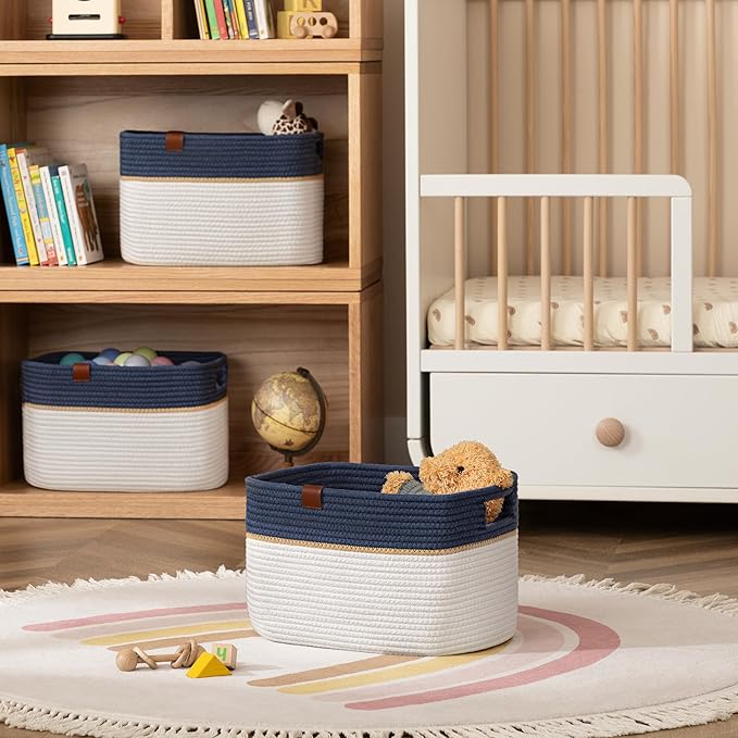 UBBCARE 4 Pack Baskets for Organizing, Woven Storage Baskets with Label for Toys and Towel, Rectangle Cotton Rope Basket with Handles, 15''L x10''W x9''H, Navy Blue&White