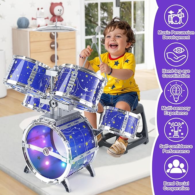 Upgraded Kids Drum Set for Toddlers 1-3, Kids Jazz Drum Ages 3-5, Star Light up Musical Instrument Toys for Boys Girls 2-5 4-6 5-7 ( All Plastic)