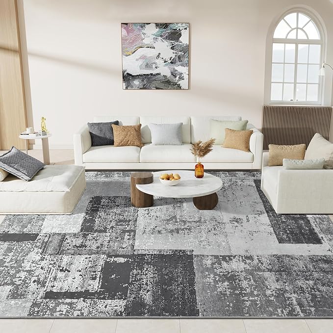 LOCHAS Rug for Living Room, Washable Soft Area Rugs for Bedroom 4x6, Abstract Carpet for Indoor Office Kids Dining Room Nursery Floor, Grey Geometric Vintage Home Decor, Non Slip, Pet Child Friendly