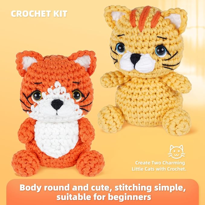 MOREJMTT Crochet Kit for Beginners, Learn to Crochet, Include Easy Knitting Soft Yarn, Step-by-Step Video Tutorial, Hook, Holiday Birthday Gift for Adults and Kids(2pack cat)