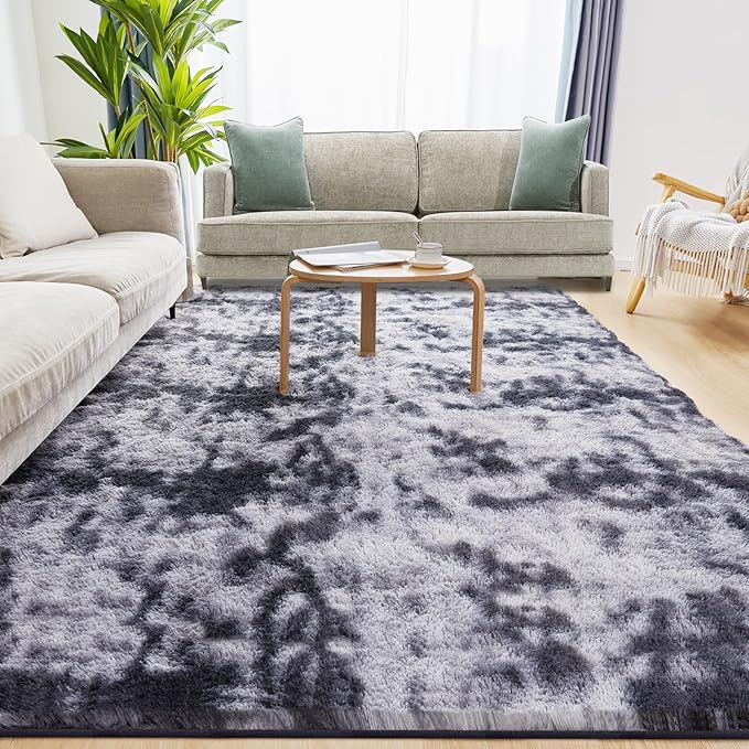 9x12 Fluffy Rugs for Living Room, Ultra Soft Plush Area Rug for Bedroom, Anti-Skid High Pile Indoor Carpet for Nursery, Kids Room, Playroom, Home Decoration, Tie-Dyed Dark Grey