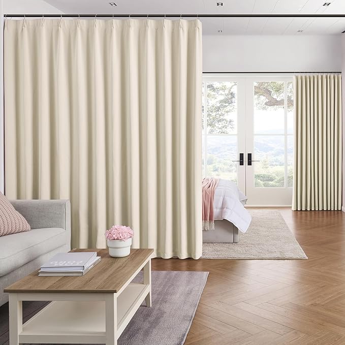 KEQIAOSUOCAI 100 Inch Extra Wide Pleated Curtains for Sliding Patio Door Large Windows 84 Long Room Divider Thermal Drapes for Living Room Accordion Door Curtain with Hooks W100 x L84, Ivory Beige