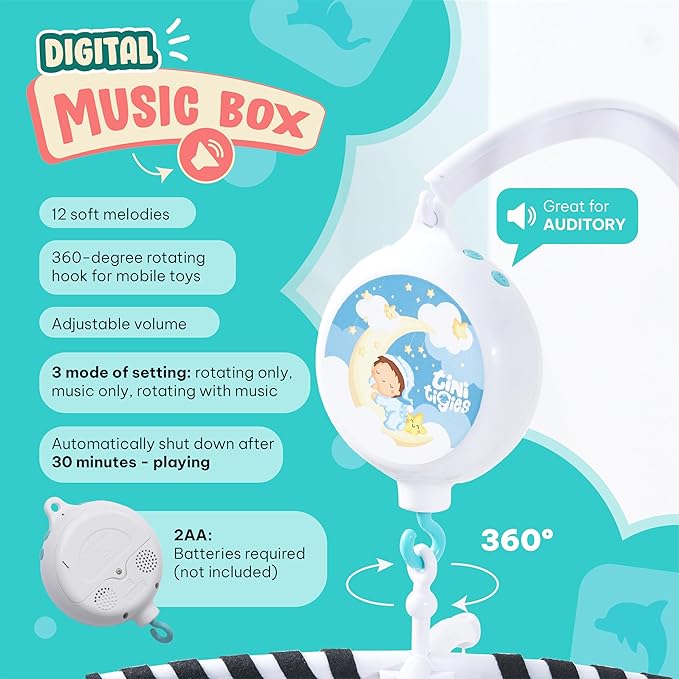 EVERLOVE Montessori Mobile Baby for Crib (TINITIGIES) - Digital Music Box with 12 lullabies & 3 Modes (Rotating only, Music only, or Both) - Black and White Baby Mobile for Boys & Girls