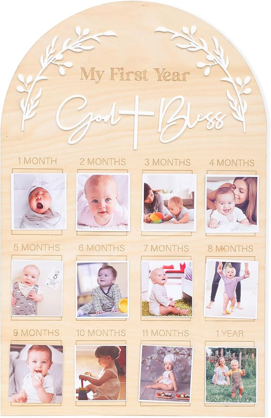God Bless My First Year Photo Board - 1st Holy Communion Monthly Photos Display,God Bless 1 To 12 Months Photo Wooden Board,Baby Baptism Party Milestone Photos,Wooden Cross Photo Board (God Bless)