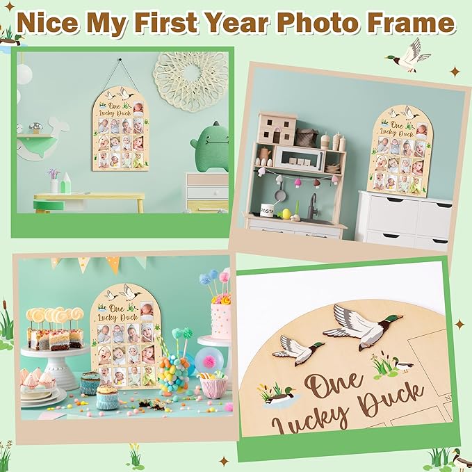 R HORSE 3D Mallard Duck 1st Birthday Wood Photo Display Board, One Lucky Duck Baby's First Year Picture Frame, 1-12 Months Milestone Board Birthday Decorations Keepsake Gift for Baby Nursery Decor