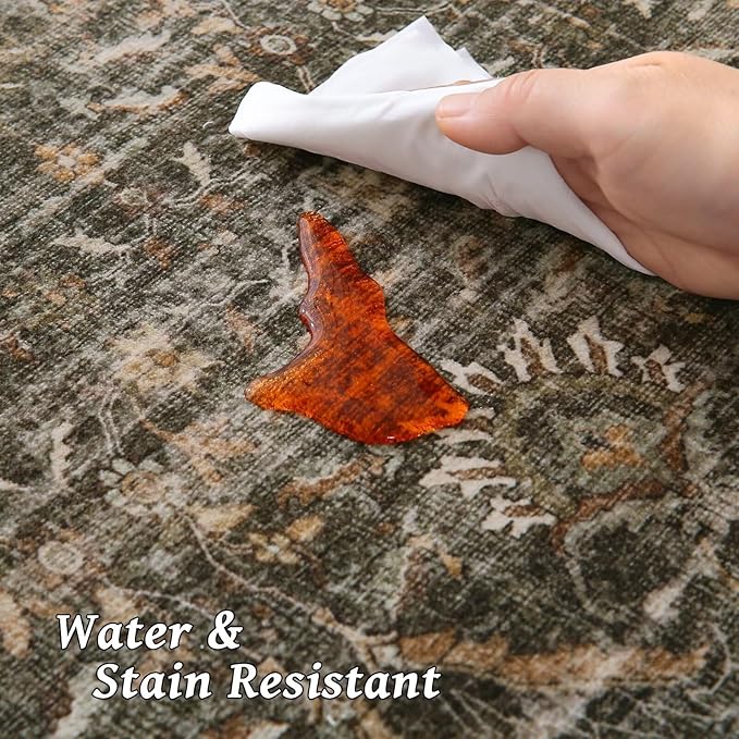 Washable 5x7 Area Rugs for Living Room, Boho Non-Slip Silicone Backing Rugs for Bedroom Dining Room Nursery Office, 0.3" Neutral Oriental Throw Carpet with 0.16" Cushioning Pad, Deep Brown/Multi