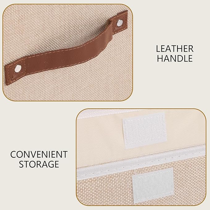 Yawinhe Collapsible Storage Boxes, Linen Fabric Baskets, Bin with lid and Leather Handle, Washable, for Home, Closet, Beige, 15.0''Lx9.8''Wx9.8''H, 5-Pack, USNK024BEL-5